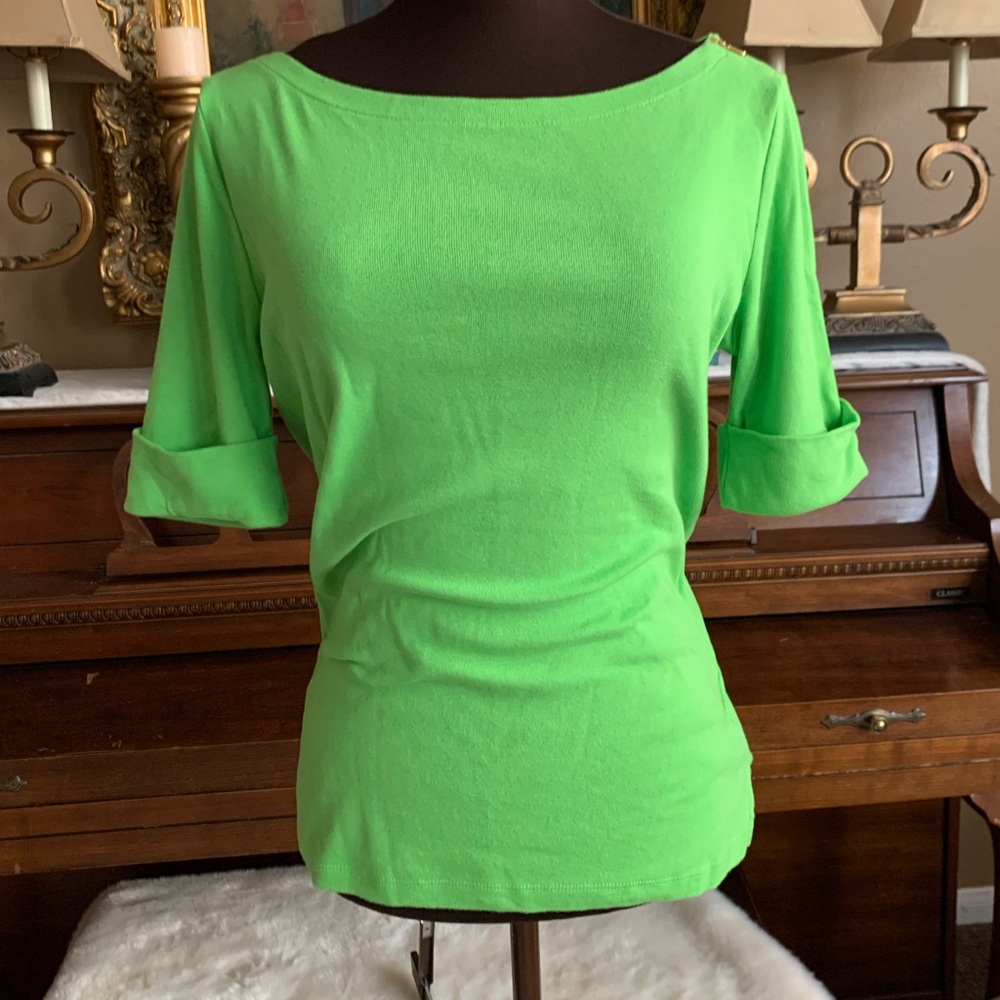 RL Green 3/4 Sleeve Boatneck 100% Cotton Blouse